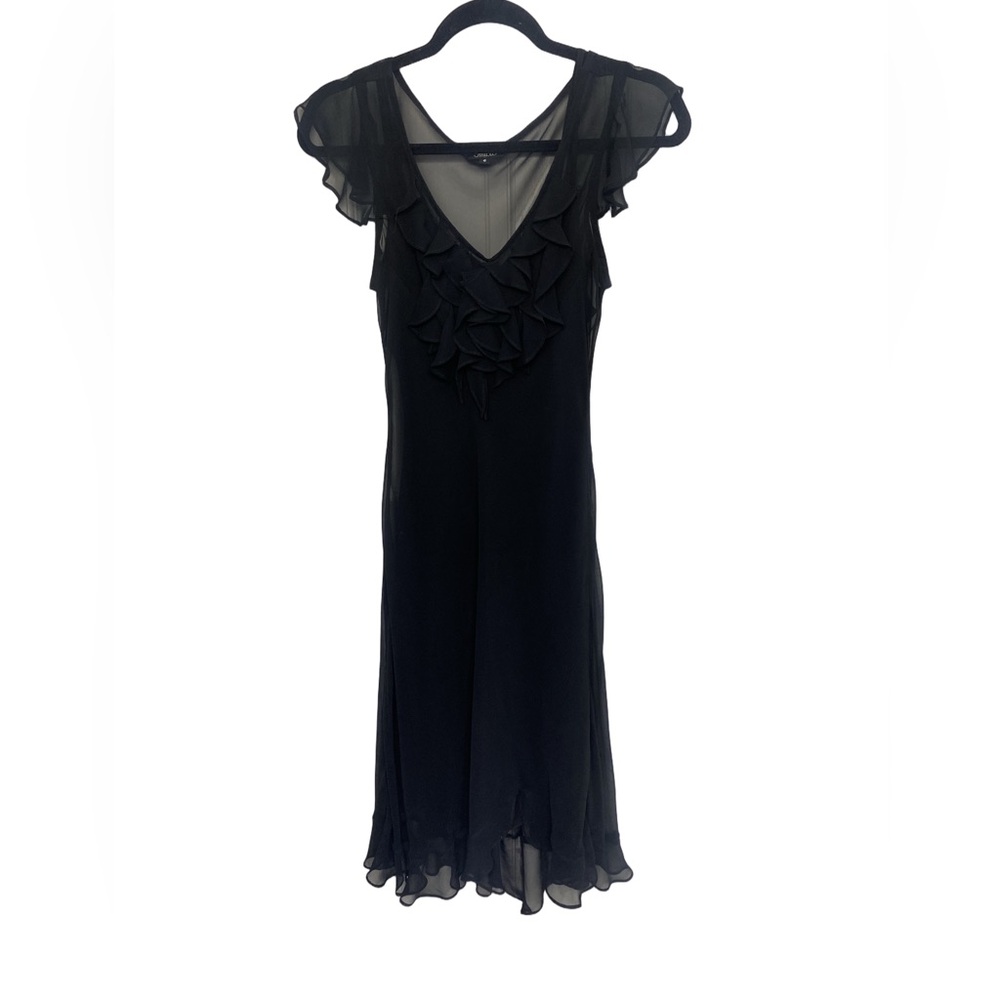 Mica Black Ruffled V-Neck Midi Dress - Sheer Chiffon Flutter Sleeve - 6